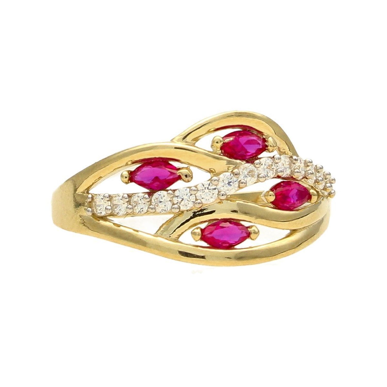 Złoty pierścionek szeroka obrączka ozdobiona czerwoną cyrkonią PI 4498A (1).jpg